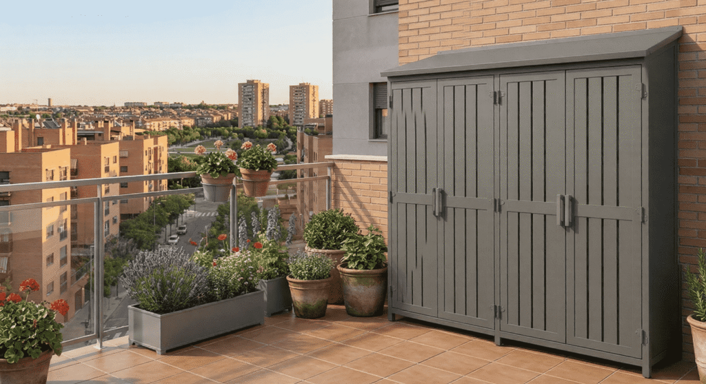 Armario trastero de aluminio lacado en blanco fabricado a medida para aprovechar el espacio de una terraza estrecha en Alcorcón.