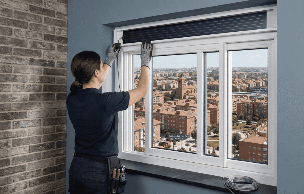 Sustitución de lamas de aluminio rotas y arreglo de motor de persiana atascada en vivienda de Alcorcón.